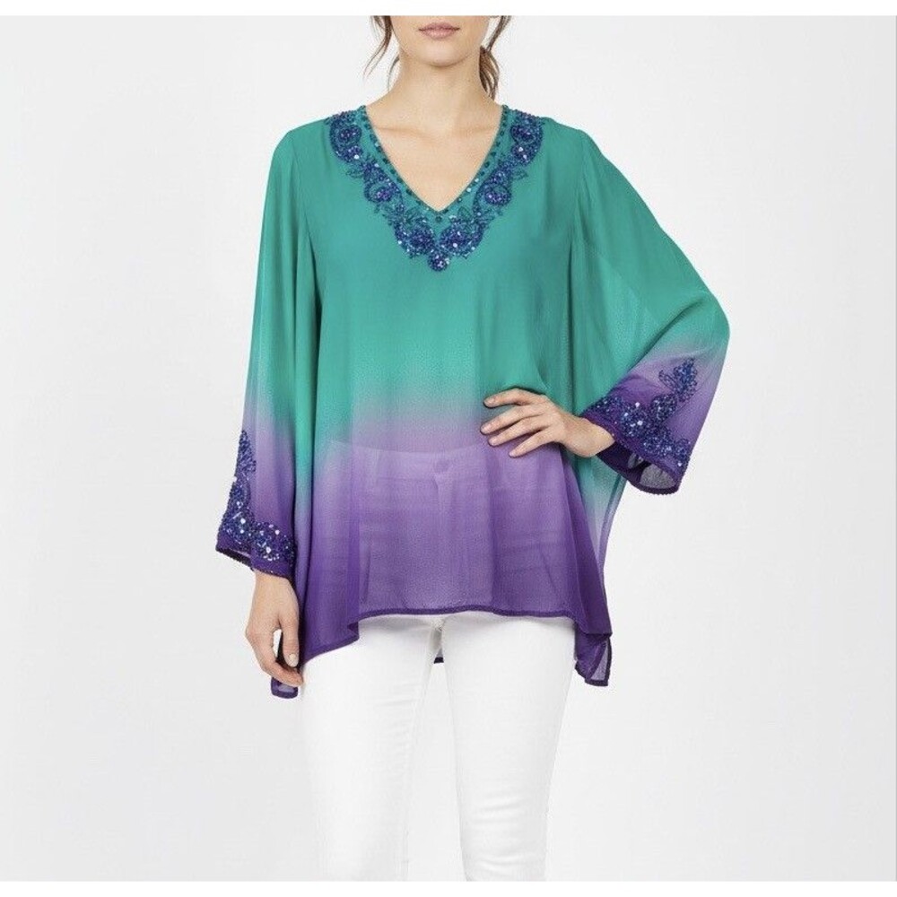 ITSU Silk Beaded Tunic Top – Ombré Teal Purple Womens Size 6